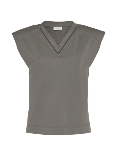 Shop Brunello Cucinelli Women's Cotton Jersey T-shirt With Padded Shoulder And Shiny Neckline In Grey
