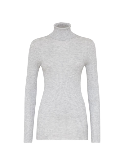 Shop Brunello Cucinelli Women's Lightweight Turtleneck Sweater In Sparkling Cashmere And Silk Rib Knit In Light Grey