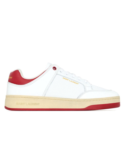 Shop Saint Laurent Women's Sl/61 Sneakers In Grained Leather In White And Vintage Red