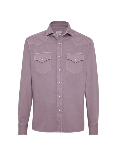 Shop Brunello Cucinelli Men's Easy Fit Western Shirt In Lightweight Denim In Purple