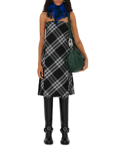 Shop Burberry Women's Checkered Wool Strapless Midi-dress In Monochrome
