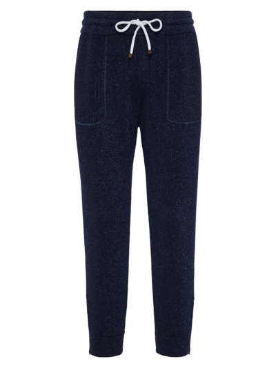 Shop Brunello Cucinelli Men's Cotton And Linen English Rib Knit Trousers In Navy Blue