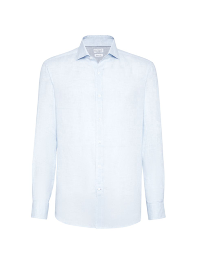 Shop Brunello Cucinelli Men's Linen Easy Fit Shirt With Spread Collar In Sky Blue