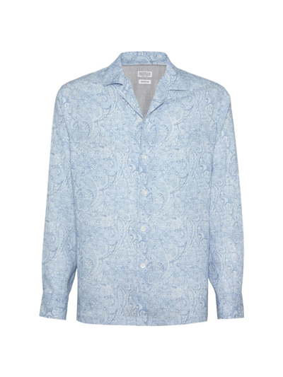 Shop Brunello Cucinelli Men's Paisley Flower Linen Easy Fit Shirt With Camp Collar In Blue