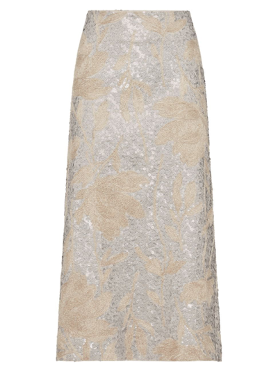Shop Brunello Cucinelli Women's Linen Column Skirt With Magnolia Embroidery In Natural