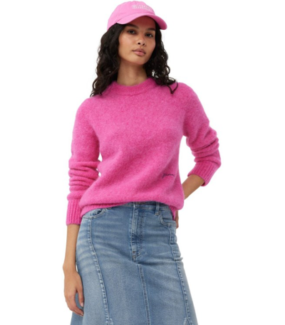 Shop Ganni Fuchsia Crewneck Jumper In Pink