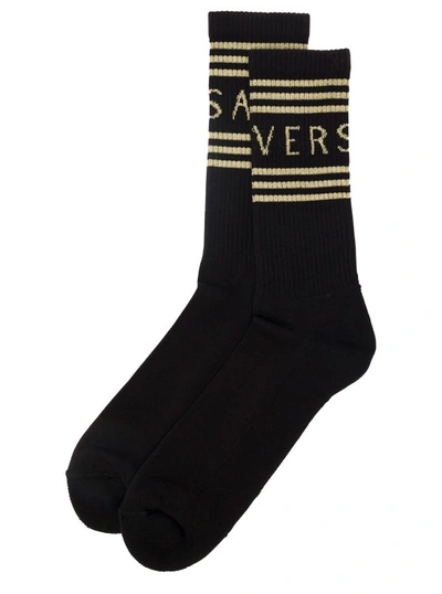 Shop Versace Black Socks With Logo In Cotton