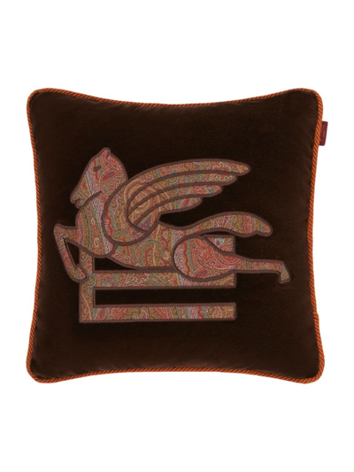 Shop Etro Pegaso Embroidered Cushion In Brown