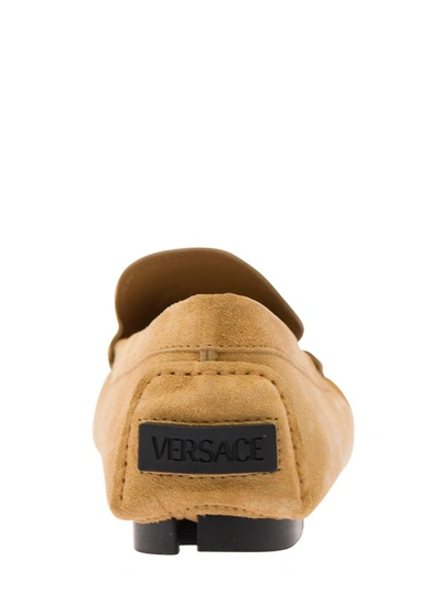 Shop Versace Beige Slip-on Loafers With Medusa Details In Suede In Brown