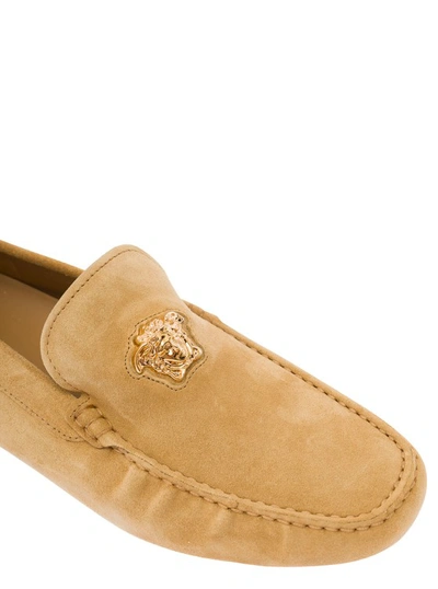 Shop Versace Beige Slip-on Loafers With Medusa Details In Suede In Brown