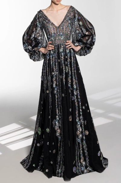 Saiid Kobeisy Tulle Beaded Dress With Bell Sleeves In Black