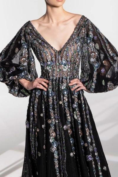 Saiid Kobeisy Tulle Beaded Dress With Bell Sleeves In Black