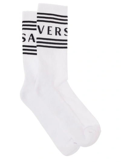 Shop Versace White Socks With Logo In Cotton