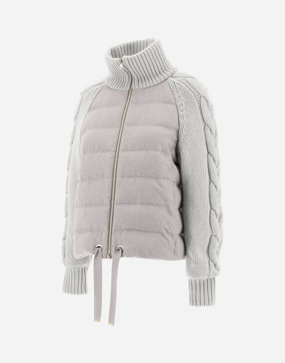 Herno Silk Cashmere And Knit Bomber Jacket In Grey Pearl