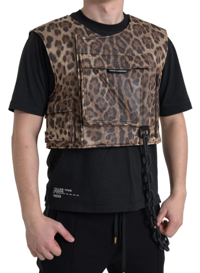Shop Dolce & Gabbana Brown Leopard Silk Sleeveless Sportswear