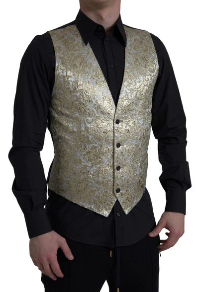 Shop Dolce & Gabbana Floral Jacquard Waistcoat Formal Gold Vest