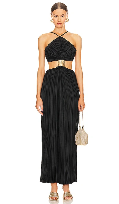 Cult Gaia Mitra Embellished Cutout Plissé-satin Halterneck Gown In Black