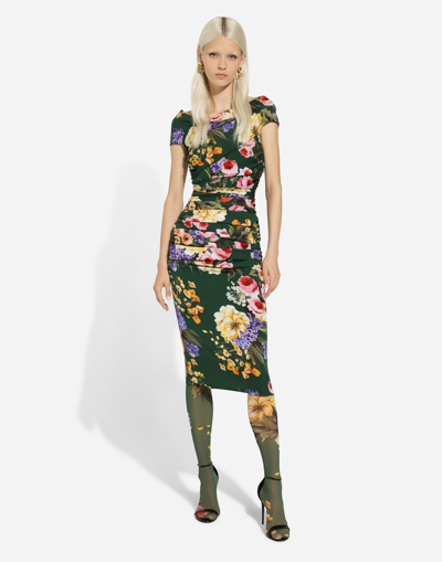 Shop Dolce & Gabbana Charmeuse Draped Sheath Dress With Garden Print