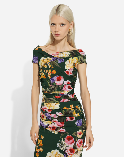 Shop Dolce & Gabbana Charmeuse Draped Sheath Dress With Garden Print