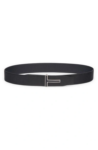 Shop Tom Ford Logo Grained Leather Belt In Dark Navy