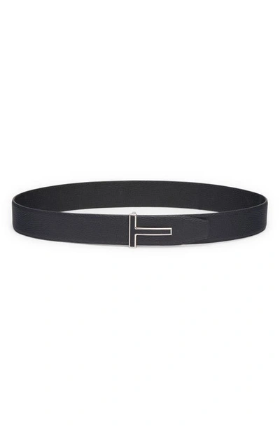 Shop Tom Ford Logo Grained Leather Belt In Dark Navy