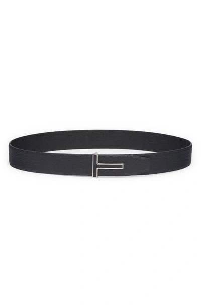Tom Ford Leather Belt With Enamelled Logo In Dark Navy