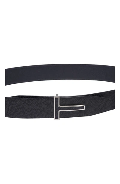 Tom Ford Leather Belt With Enamelled Logo In Dark Navy