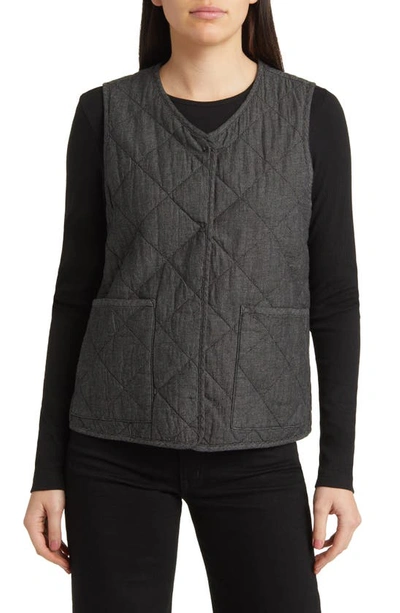 Shop Eileen Fisher V-neck Quilted Twill Organic Cotton Vest In Black