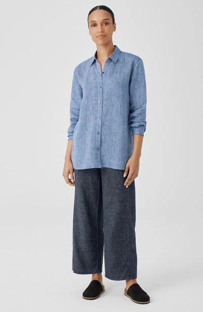 Shop Eileen Fisher Organic Linen Button-up Shirt In Chambray