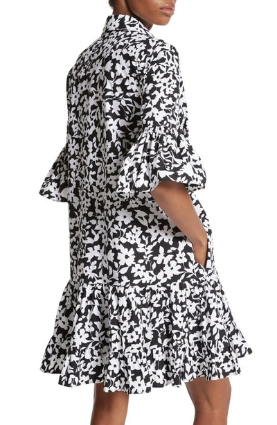 Shop Michael Kors Floral Print Tiered Cotton Poplin Shirtdress In Black/ Optic White