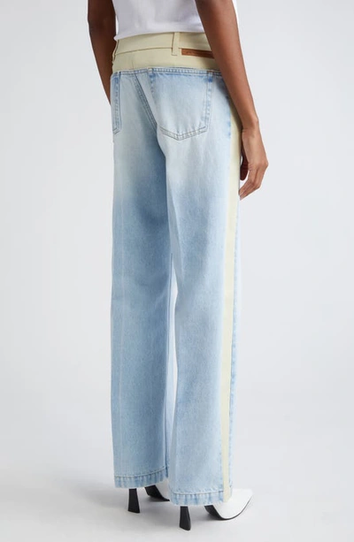 Shop Stella Mccartney Two-tone Mixed Media High Waist Straight Leg Jeans In 4221 - Light Blue Mix Fabric