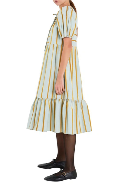 English Factory Women's Striped Blouson Midi Dress In Sage Multi