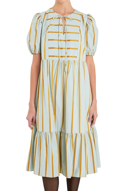 English Factory Women's Striped Blouson Midi Dress In Sage Multi