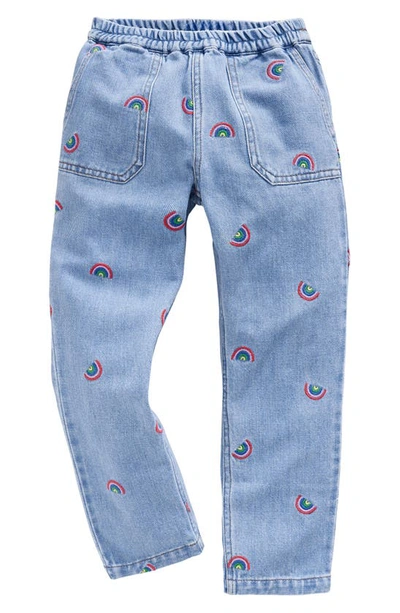 Shop Mini Boden Kids' Embroidered Pull-on Jeans In Scattered Rainbow Embroidery