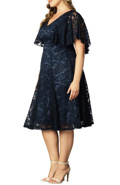 Kiyonna Camille Lace Midi Cocktail Dress In Twilight Blue