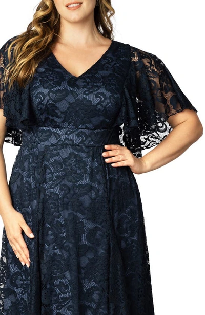 Kiyonna Camille Lace Midi Cocktail Dress In Twilight Blue