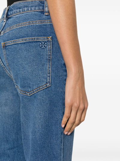 Shop Tory Burch Cropped Flared Denim Jeans In Blue