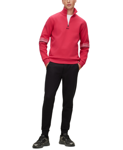 Shop Hugo Boss Boss By  Men's Multi-colored Logo Zip-neck Sweatshirt In Medium Pink