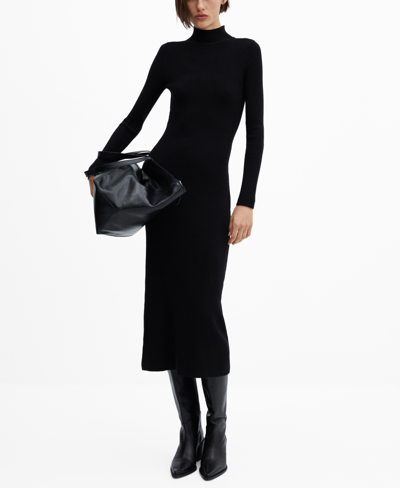 Shop Mango Women's Perkins-neck Ribbed Dress In Black