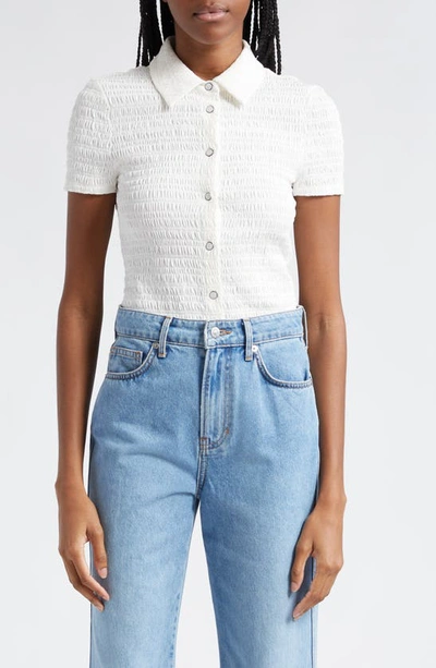 Shop Veronica Beard Henri Smocked Button-up Shirt In Off-white