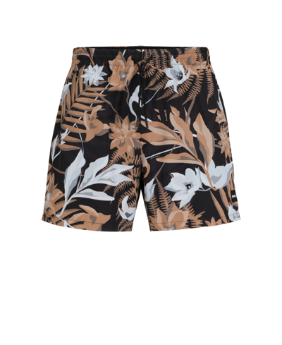 Hugo Boss Fully Lined Swim Shorts With Seasonal Print In Medium Beige