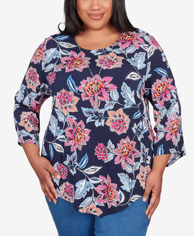 Shop Alfred Dunner Plus Size Classic Puff Print Classic Floral Top With Necklace In Navy