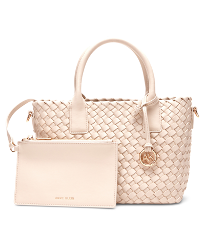 Shop Anne Klein Small Woven Tote With Detachable Pouch In White