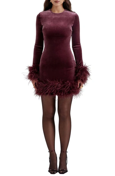 Shop House Of Cb Lavinia Feather Trim Long Sleeve Velvet Body-con Cocktail Minidress In Mulberry