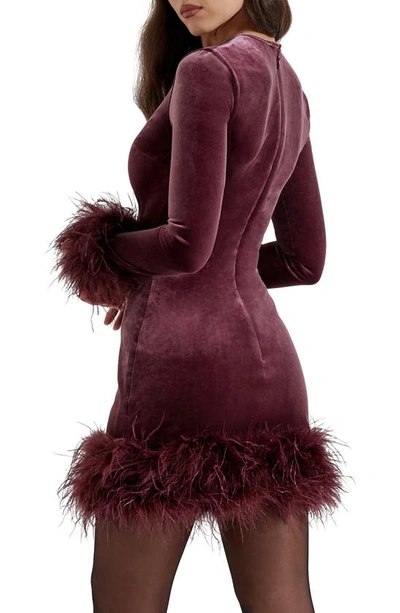 Shop House Of Cb Lavinia Feather Trim Long Sleeve Velvet Body-con Cocktail Minidress In Mulberry