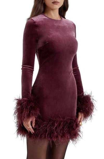 House Of Cb Lavinia Feather Trim Long Sleeve Velvet Body-con Cocktail Minidress In Mulberry