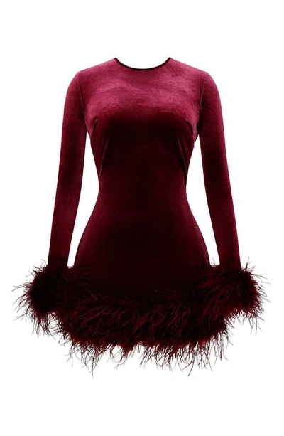 Shop House Of Cb Lavinia Feather Trim Long Sleeve Velvet Body-con Cocktail Minidress In Mulberry