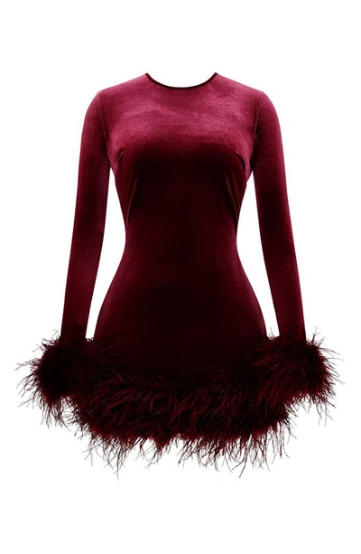 House Of Cb Lavinia Feather Trim Long Sleeve Velvet Body-con Cocktail Minidress In Mulberry