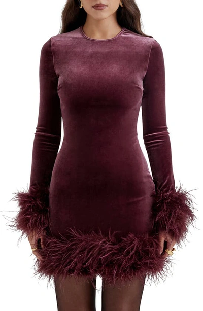 Shop House Of Cb Lavinia Feather Trim Long Sleeve Velvet Body-con Cocktail Minidress In Mulberry