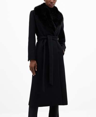 Shop Mango Women's Faux Fur Collar Detachable Wool Coat In Black